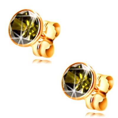 14K arany fülbevaló - kerek olivazöld cirkónia foglalatban