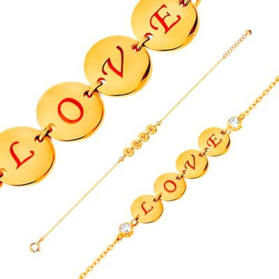 14K arany karkötő - négy fényes karika LOVE felirattal
