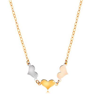 14K arany nyaklánc - három szimmetrikus lapos szív az arany három árnyalatában ékszer webáruház