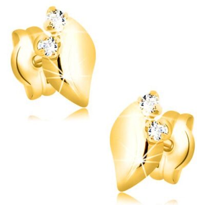 14K sárga arany fülbevaló - csillogó levél két átlátszó cirkóniával ékszer webáruház