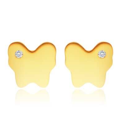 14K sárga arany fülbevaló – tükörfényes pillangó egy apró átlátszó cirkóniával ékszer webáruház
