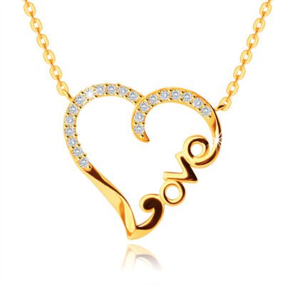 14K sárga arany nyaklánc -  szív alakú szalag és a 'Love' felirat