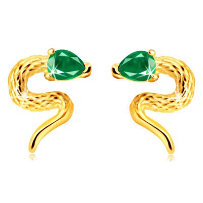 375 arany fülbevaló - csavart kígyó cirkónia fejjel zöld színben