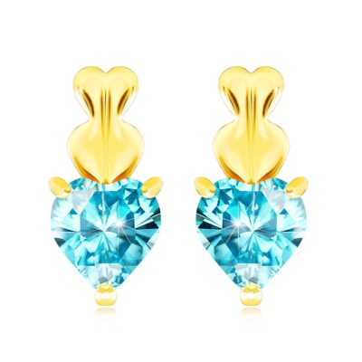 375 arany fülbevaló - két apró szívecske és kék színű szív alakú topáz ékszer webáruház