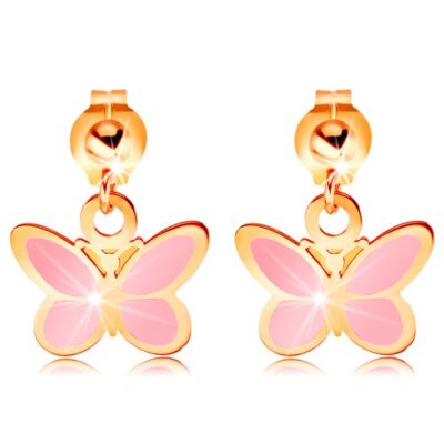 585 arany fülbevaló - fényes golyó függő rózsaszín pillangó