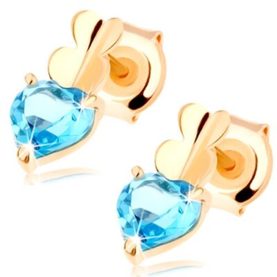 585 arany fülbevaló - két apró szívecske és kék színű szív alakú topáz ékszer webáruház