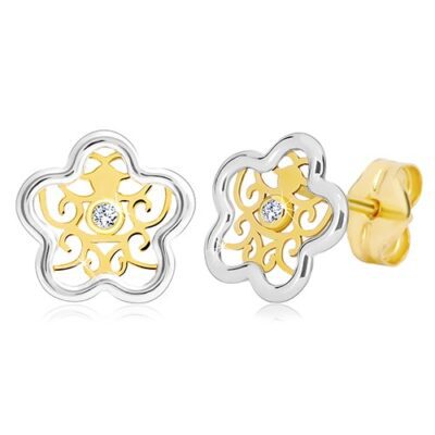 585 arany fülbevaló - kétszínű virág ornamentummal és átlátszó cirkóniával ékszer webáruház
