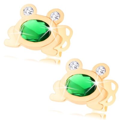585 arany fülbevaló - kis fénylő béka zöld ovális és átlátszó cirkóniával ékszer webáruház