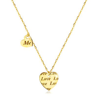 585 arany nyaklánc - két szimmetrikus szív "Love" és "Me" felirattal ékszer webáruház