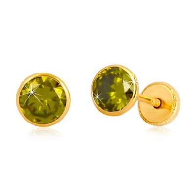 585 sárga arany fülbevaló - kerek olivazöld cirkónia