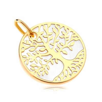 585 sárga arany medál - fehér gyöngyház kör élet fája szimbólummal ékszer webáruház