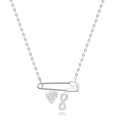 925 ezüst nyaklánc – biztosítótű egy szív és egy végtelenség szimbólum alakú medállal
