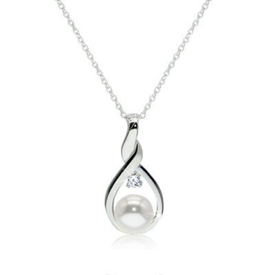925 ezüst nyaklánc - csavart könny körvonala egy fehér gyönggyel és egy átlátszó cirkóniával középen ékszer webáruház