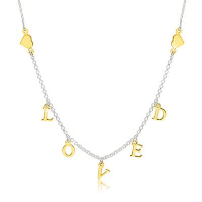 925 ezüst nyaklánc - fényes szívek és "LOVED" felirat arany színárnyalatban ékszer webáruház