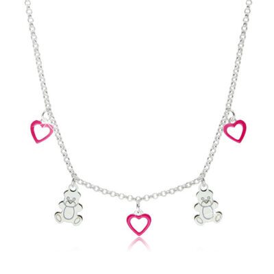 925 ezüst nyaklánc gyerekeknek - szívkörvonalak rózsaszín fénymázzal és fényes macik ékszer webáruház