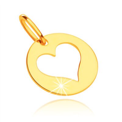 9K sárga arany medál - fényes kör szív kivágással ékszer webáruház
