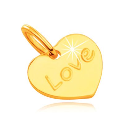 9K sárga arany medál - lapos szimmetrikus szív gravírozott felirattal Love