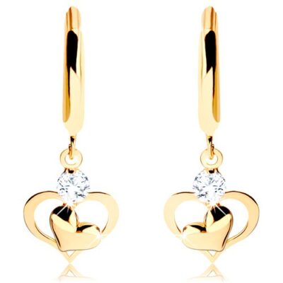 Briliáns 585 arany fülbevaló - fényes karika függő gyémánttal és szívekkel ékszer webáruház