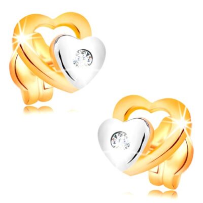 Briliáns fülbevaló 14K aranyból - két szív és csiszolt átlátszó gyémánt ékszer webáruház