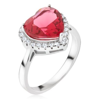 Ezüst gyűrű - nagy piros szívecskés kő