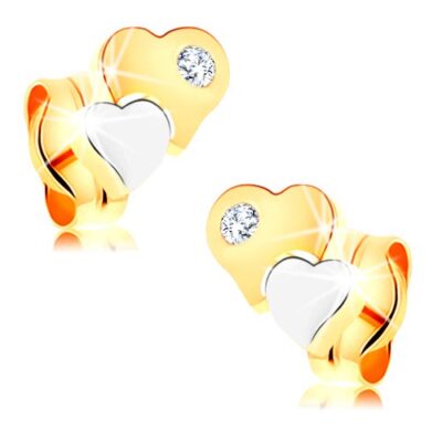 Fülbevaló 14K aranyból - kétszínű fényes szívek átlátszó gyémánttal ékszer webáruház