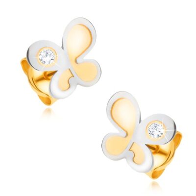 Fülbevaló 14K aranyból - kétszínű lepke kerek átlátszó cirkóniával ékszer webáruház