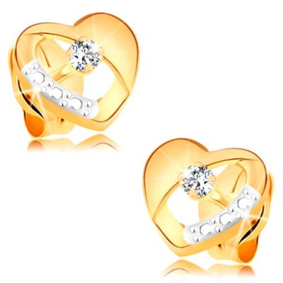 Fülbevaló 14K aranyból - szimmetrikus kétszínű szív gyémánttal és kivágással ékszer webáruház