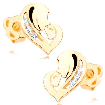 fülbevaló 14K sárga aranyból - aszimmetrikus szív két arccal