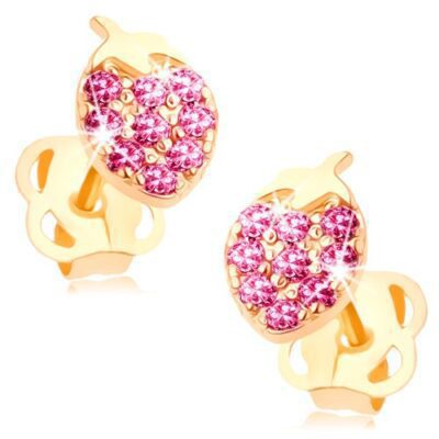 Fülbevaló 14K sárga aranyból - csillogó eper rózsaszín cirkóniákkal kirakva ékszer webáruház