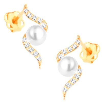 Fülbevaló 14K sárga aranyból - csillogó spirál fehér színű gyönggyel ékszer webáruház