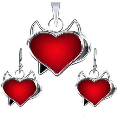 Fülbevaló és medál készlet 925 ezüstből - piros ördög szív ékszer webáruház
