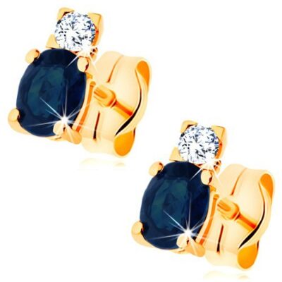 Fülbevaló sárga 14K aranyból - csillogó átlátszó gyémánt és ovális kék színű zafír ékszer webáruház