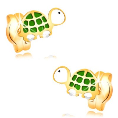 Fülbevaló sárga 14K aranyból - kis zöld-fehér teknős fekete szemmel ékszer webáruház