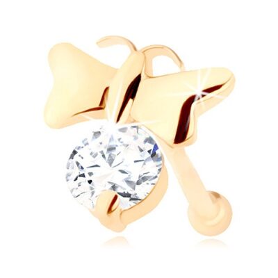 Gyémánt 14K sárga arany orr piercing - fényes pillangó és átlátszó gyémánt ékszer webáruház