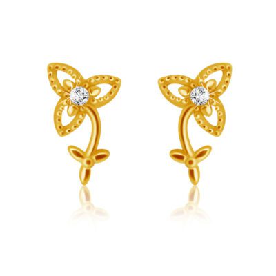 Gyémánt fülbevaló 14K sárga aranyból - szárral és levelekkel ellátott virág