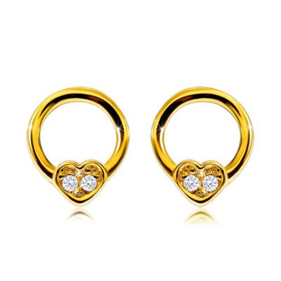 Gyémánt fülbevaló 9K sárga aranyból - karika fülbevaló kis szívvel