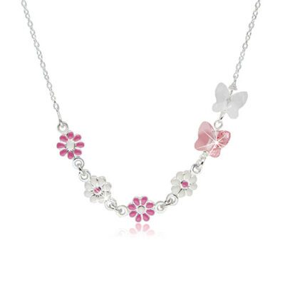 Gyerek nyaklánc 925 ezüstből - virágok rózsaszín és fehér fénymázzal