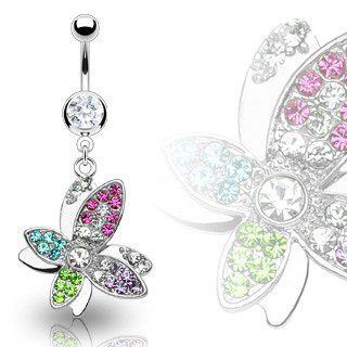 Gyönyörű acél luxus köldök piercing - cirkonköves színes virág ékszer webáruház