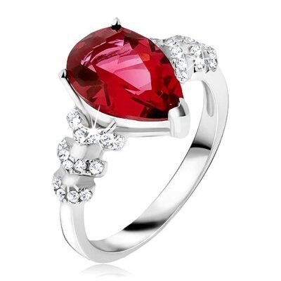 Gyűrű 925 ezüstből - piros könnycsepp alakú kő