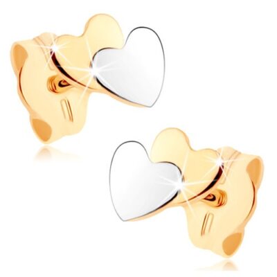 Kétszínű fülbevaló 9K aranyból - kicsi lapos szívecske