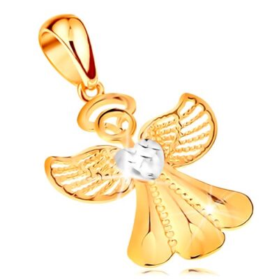 Kétszínű medál 14K aranyból - fényes angyal filigrán szárnyakkal és szívvel ékszer webáruház