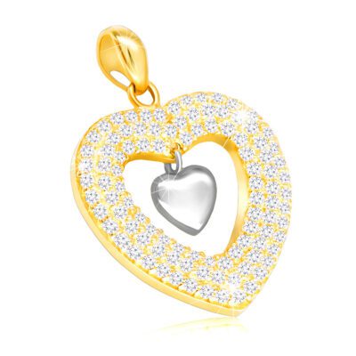 Medál 585 kombinált aranyból - fényes szív és szív körvonal átlátszó cirkóniákkal ékszer webáruház
