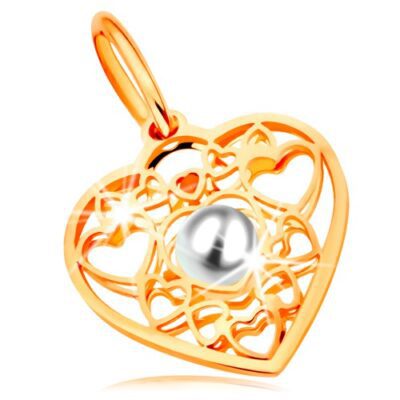 Medál 585 sárga aranyból - szív szívecske körvonalakkal díszítve és fehér gyönggyel a közepén ékszer webáruház