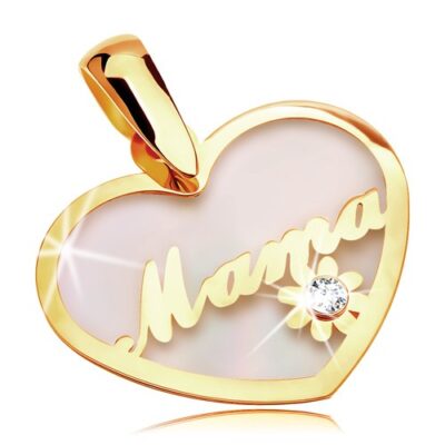 Medál sárga 14K aranyból - gyöngyházas szív Mama felirattal és virággal ékszer webáruház