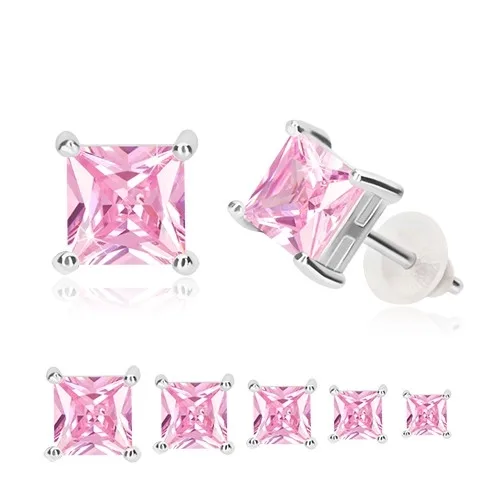 925 ezüst fülbevaló - szögletes rózsaszín cirkónia négyzet alakú foglalatban