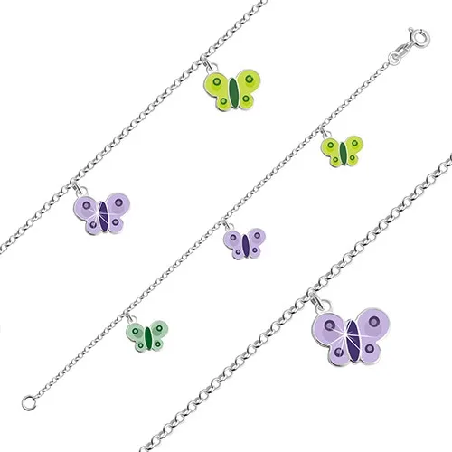 925 ezüst karkötő gyerekeknek - pillangók zöld és lila fénymázzal ékszer webáruház