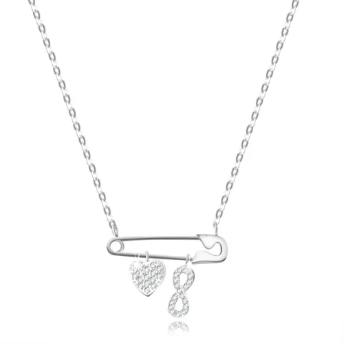 925 ezüst nyaklánc – biztosítótű egy szív és egy végtelenség szimbólum alakú medállal