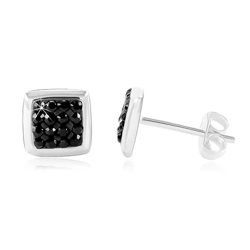 925 ezüst stekkeres fülbevaló - fényes négyzet fekete cirkóniákkal a közepén ékszer webáruház