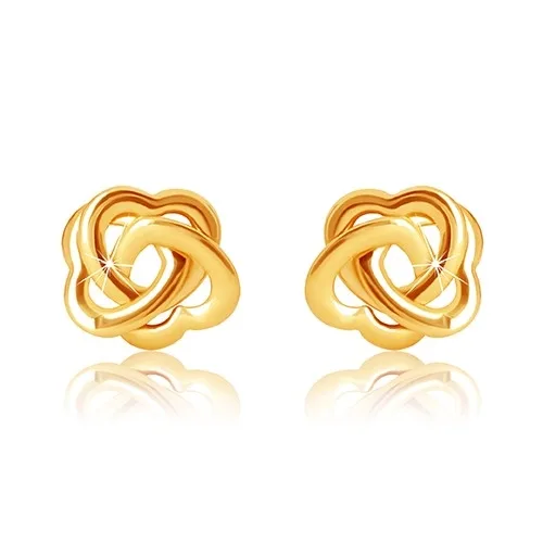 9K sárga arany bedugós fülbevaló - három egymásba fonódó szimmetrikus szív ékszer webáruház