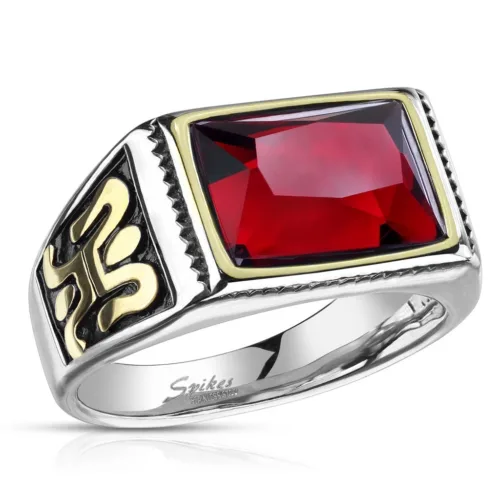 Acél gyűrű ezüst színben piros kristály– díszítés az oldalán